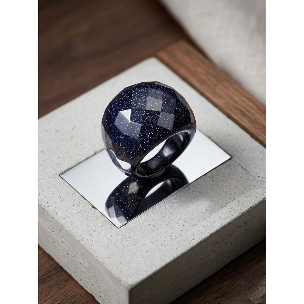 Solid Carved Blue Goldstone Faceted Band | All-Stone Galaxy Statement Ring Sz 6